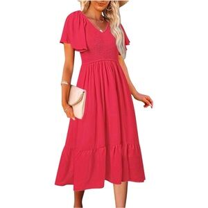 NWT MEROKEETY Coral Orange-Red Pink Flutter Sleeve Smocked Dress A-Line Size L